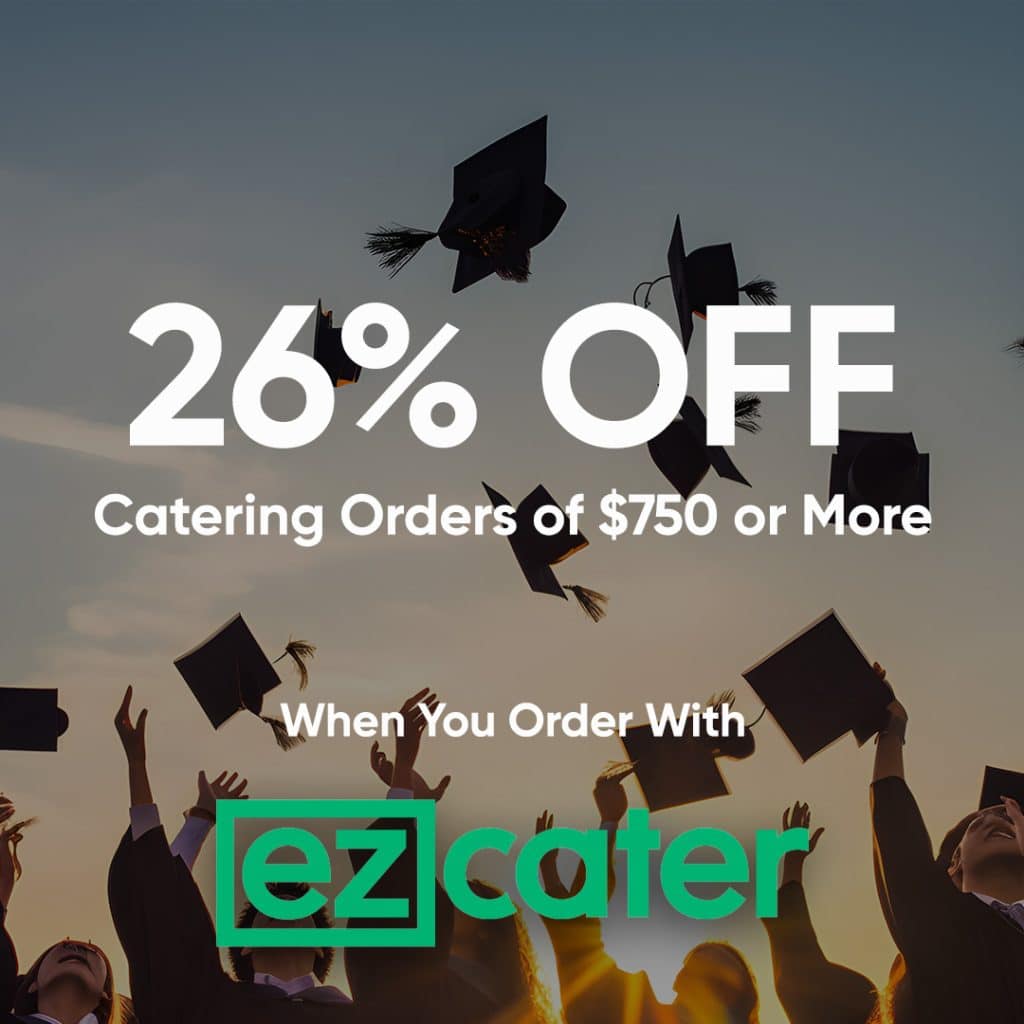 Promo banner offering 26% off catering orders of $750 or more with ezCater, graduation cap background.