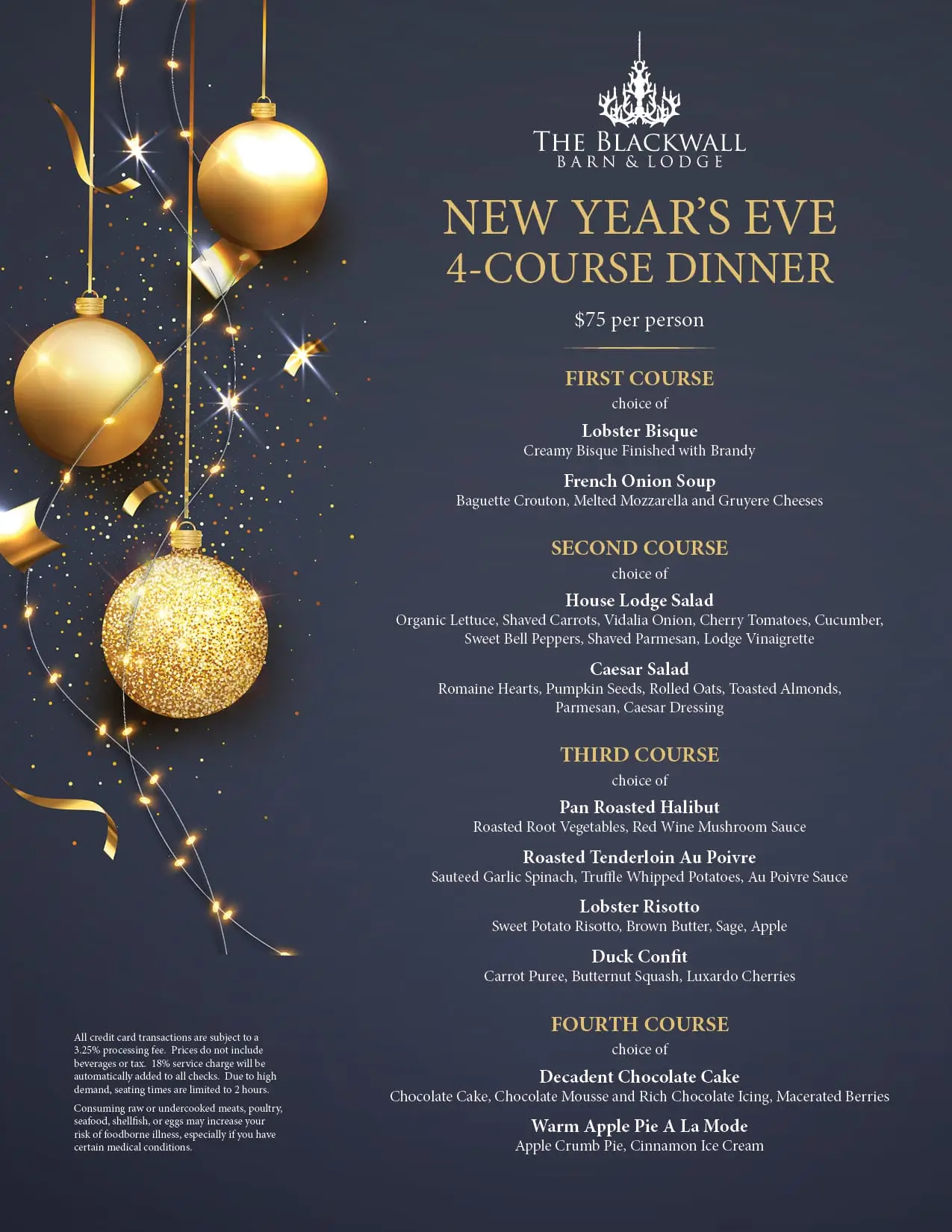New Year's Eve Dinner 2023 Blackwall Barn & Lodge Columbia MD