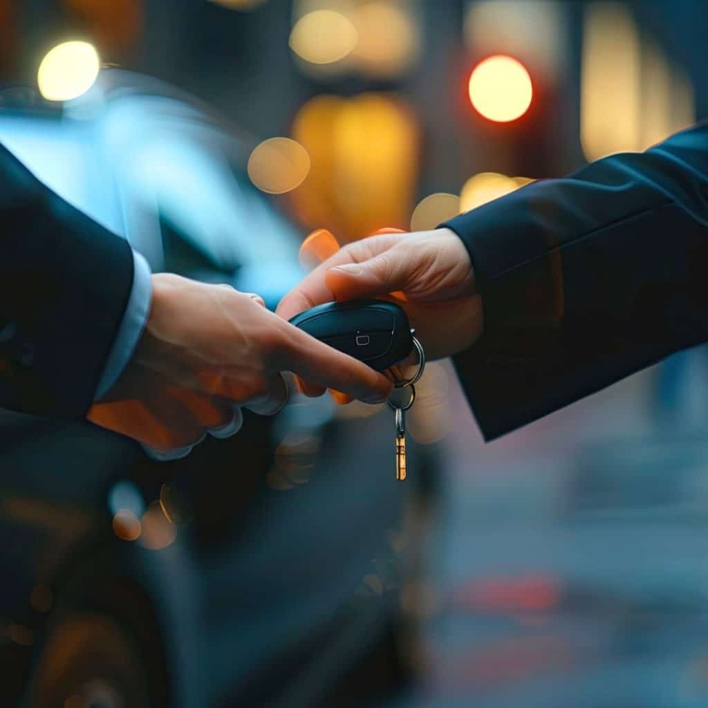 Two people exchange car keys in a nighttime city setting, hands close together with blurred street lights in the background.