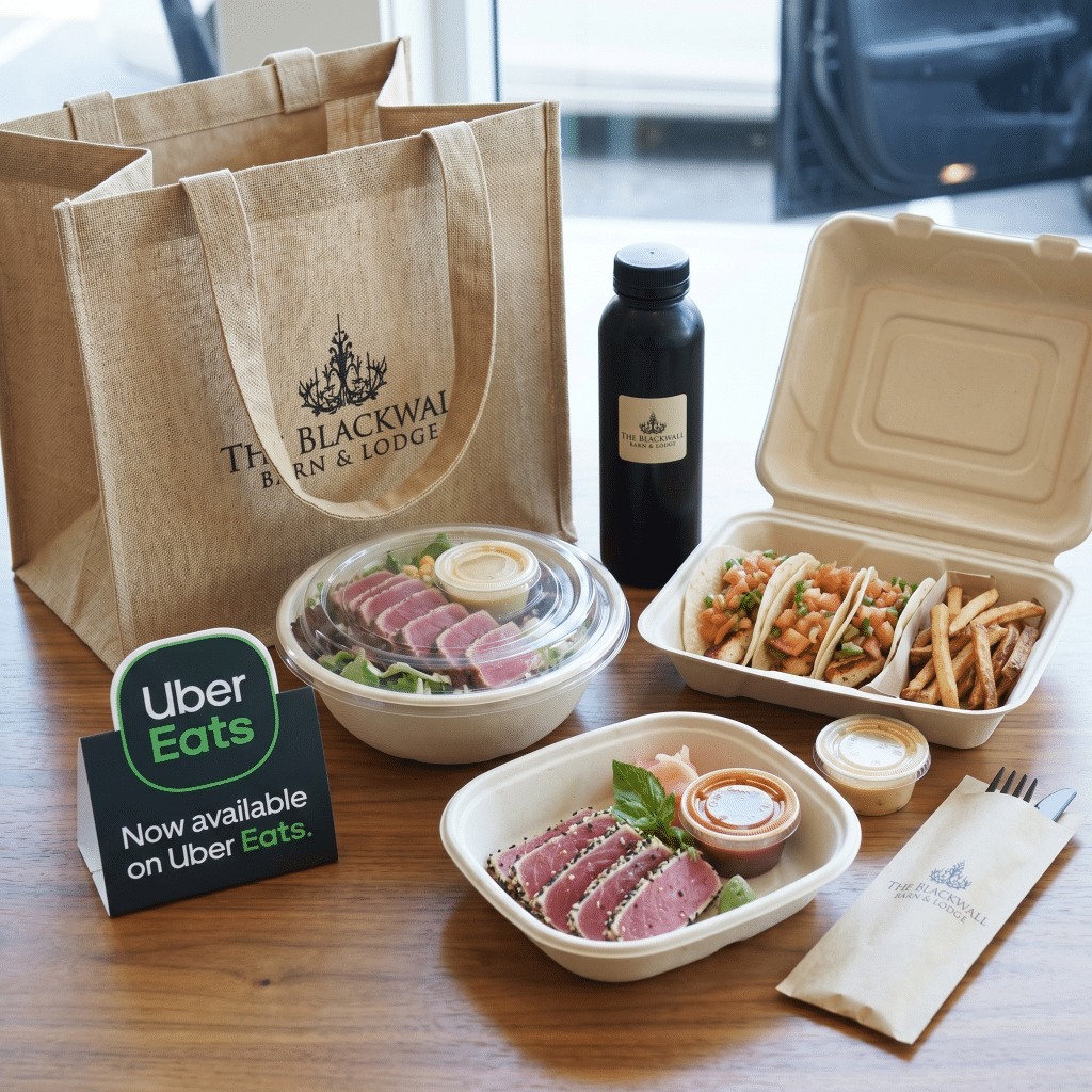 Brown paper bags from The Blackwell Barn & Lodge beside a black bottle and takeout containers of tacos and sashimi, ready for Uber Eats pickup poster visible in foreground.