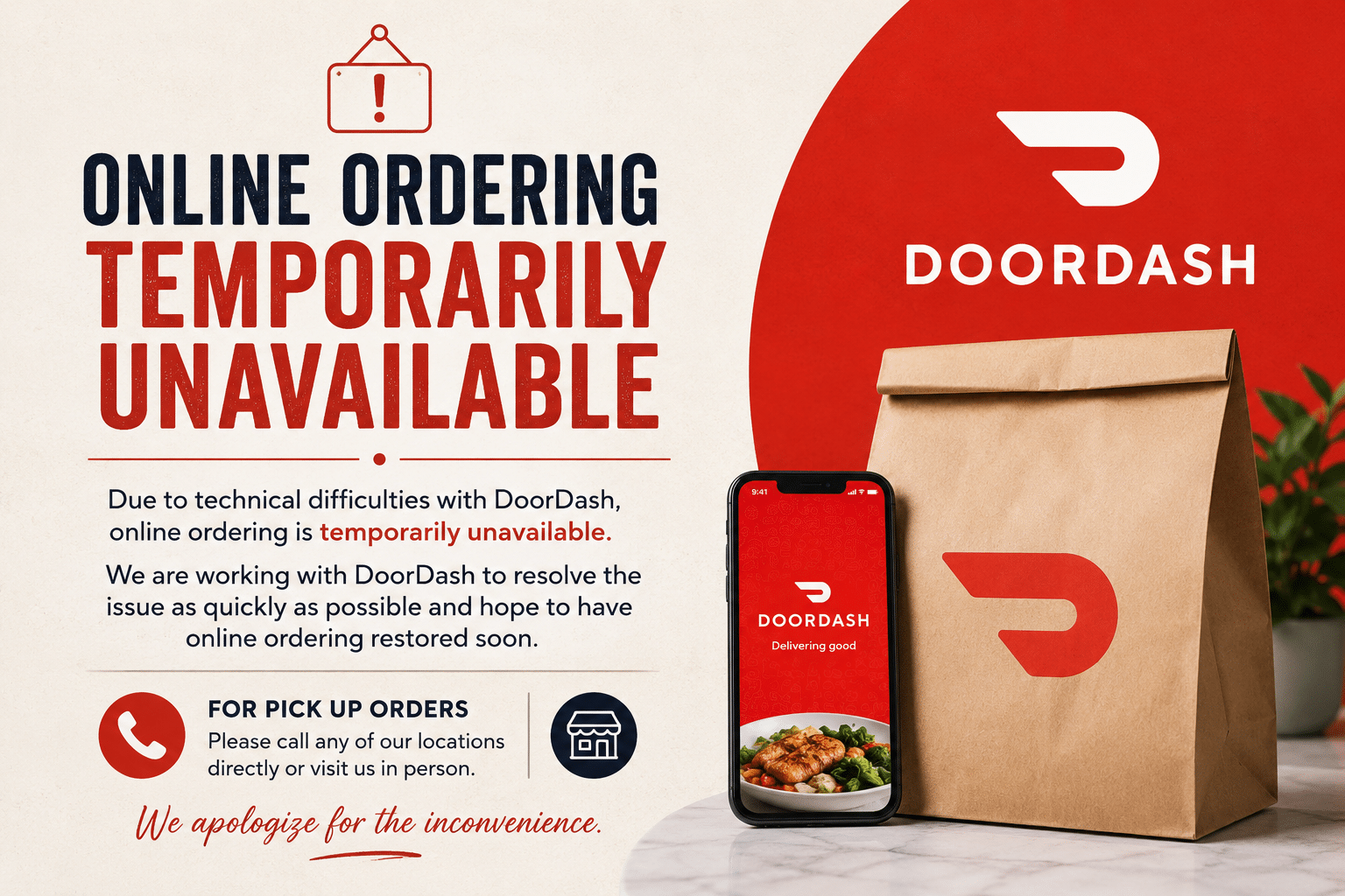 DoorDash outage notice: online ordering temporarily unavailable with red text and a delivery bag logo on the right side.