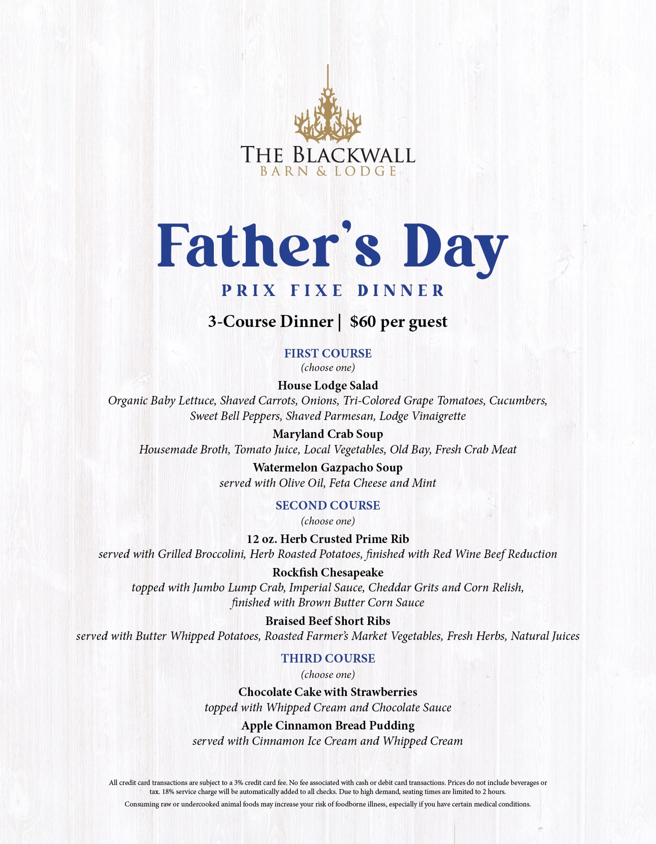 Father’s Day prix fixe dinner menu from The Blackwall Barn & Lodge on a light wood background with blue headings.