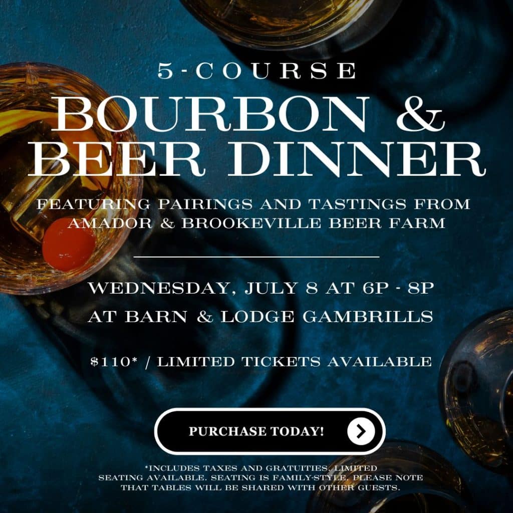 Promotional poster for a 5-course bourbon and beer dinner with date, location, price, and a Buy button reading Purchase Today!