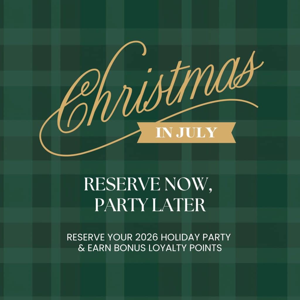 Promotional poster: gold script reads Christmas in July on a green plaid background with a beige ribbon saying 'IN JULY' and 'RESERVE NOW' text below.