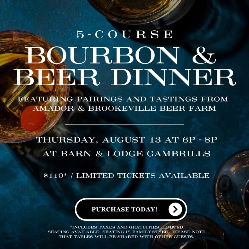 Poster advertising a 5-course Bourbon & Beer Dinner with tastings from Amador & Brookville Beer Farm; date, venue, price, and a 'Purchase Today' button.
