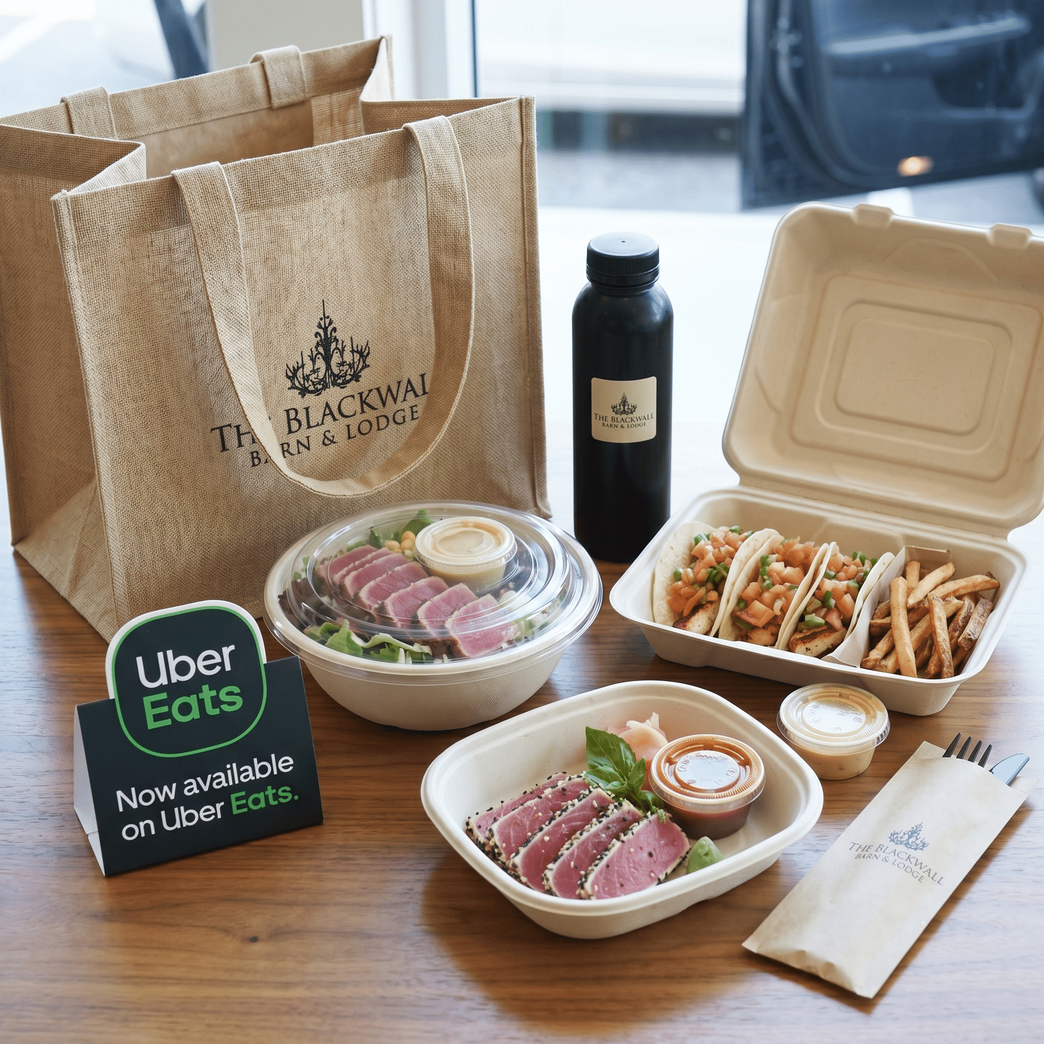 Brown paper bags with The Blackwall Barn & Lodge logo sit on a wooden table beside takeaway containers and a dark bottle, ready for pickup or delivery, with an Uber Eats sign in the foreground.