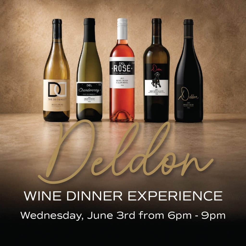 Five wine bottles lined up on a wooden surface with a gold 'Deldon' script logo, advertising a Wine Dinner Experience event.