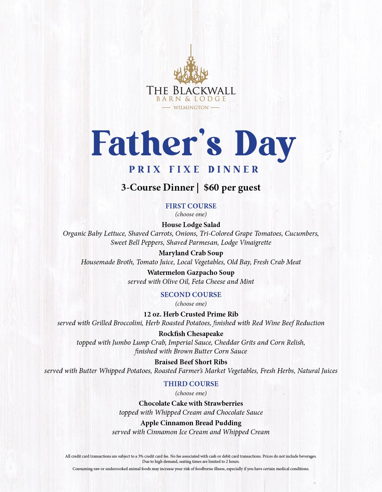 Father’s Day prix fixe dinner menu at The Blackwall Barn & Lodge Wilmington, listing three courses and $60 per guest.