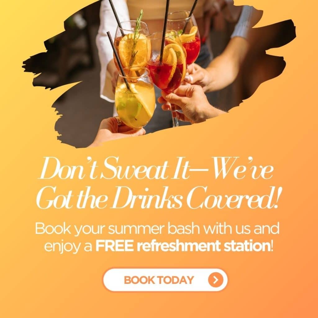 Hands clinking colorful cocktails in a warm orange promo poster that reads: “Don’t Sweat It—We’ve Got the Drinks Covered!” and promotes a summer bash with a free refreshment station, plus a “BOOK TODAY” button.